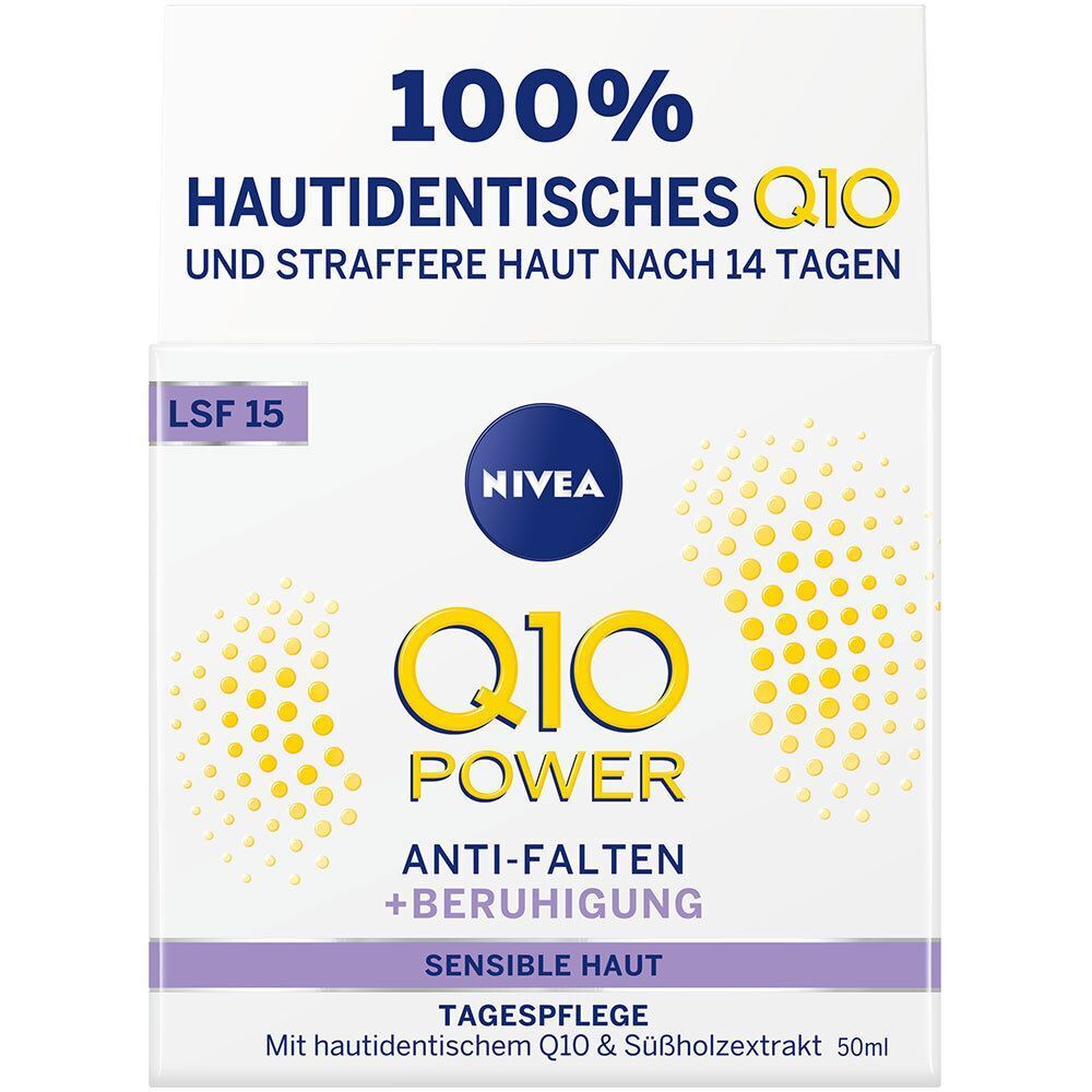 Verpackung NIVEA Q10 Power Tagespflege. Weiße Schachtel mit gelber Schrift und blauem Logo. Aufschrift: Q10 Power, Anti-Falten + Beruhigung, sensible Haut, LSF 15.