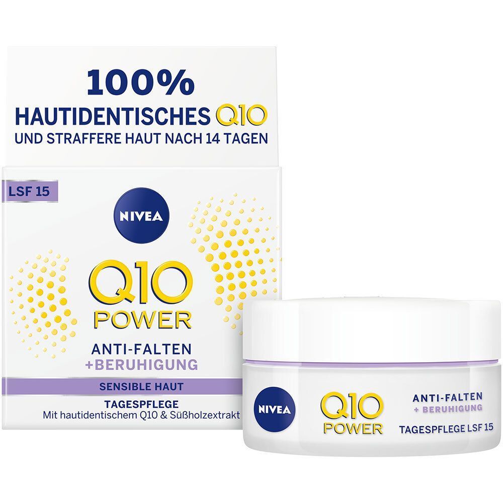 NIVEA Q10 Power Tagespflege und Verpackung. Weißer Tiegel und Schachtel mit gelber Schrift und blauem Logo. Aufschrift: Q10 Power, Anti-Falten + Beruhigung, LSF 15.