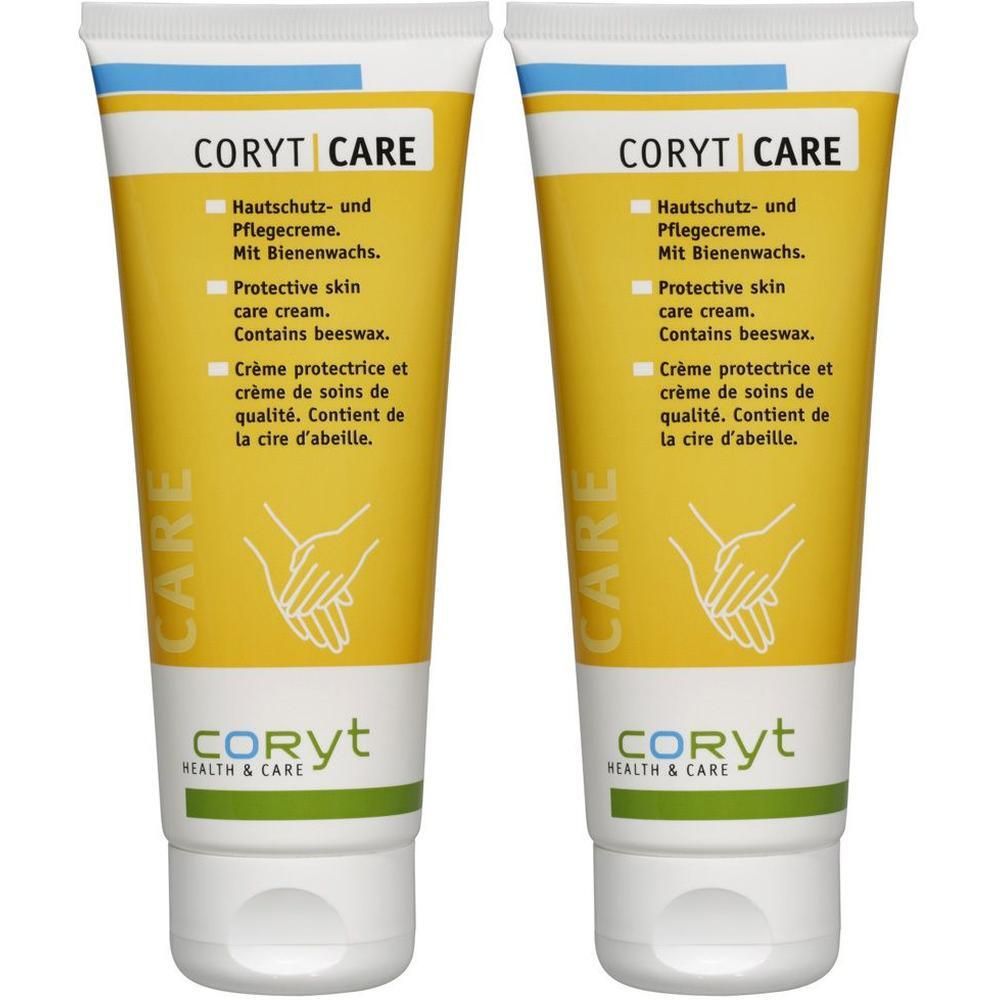 Zwei Tuben CORYT CARE Creme. Gelbe Tuben mit weißem Deckel. Text in Deutsch, Englisch und Französisch. Logo: CORYT HEALTH & CARE.
