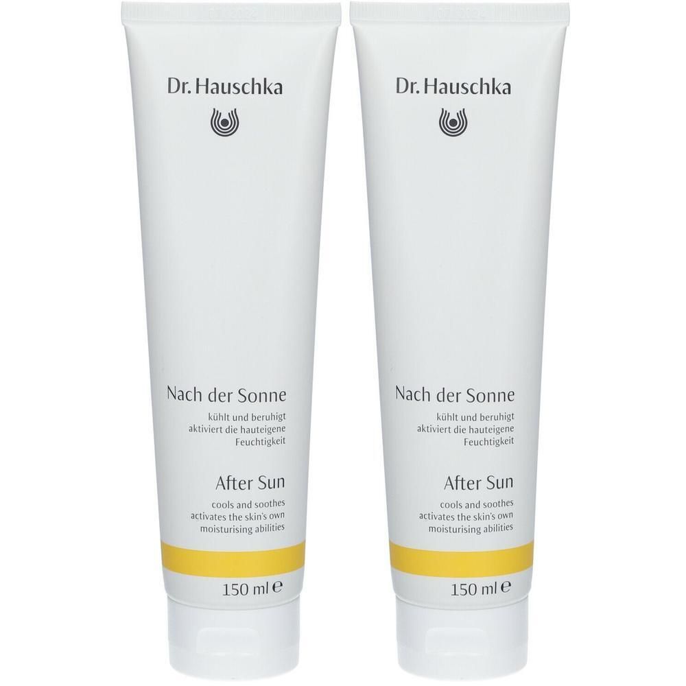 Zwei weiße Tuben mit gelbem Streifen. Aufschrift: Dr. Hauschka, Nach der Sonne, After Sun. 150 ml.