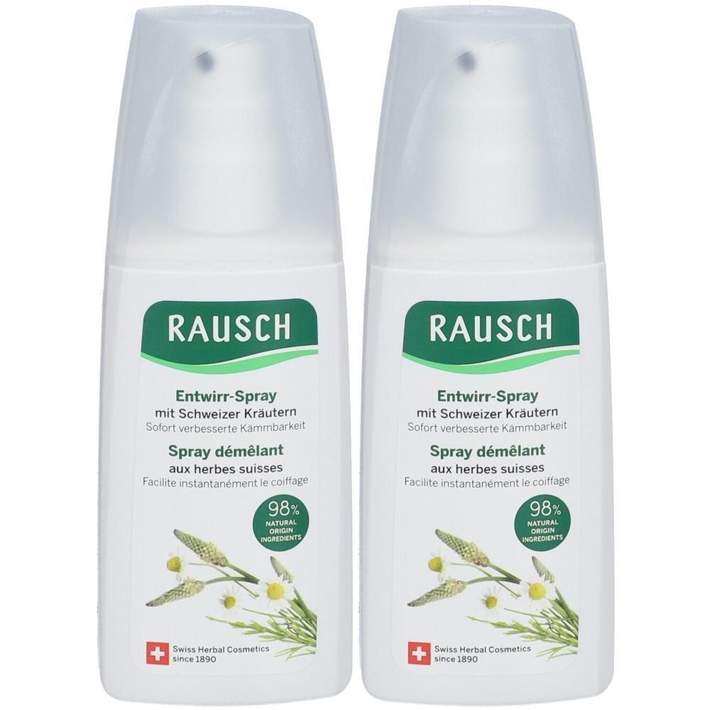 Zwei weiße Sprühflaschen mit grünen Etiketten. Aufschrift: RAUSCH, Entwirr-Spray mit Schweizer Kräutern. 98% natürliche Inhaltsstoffe.