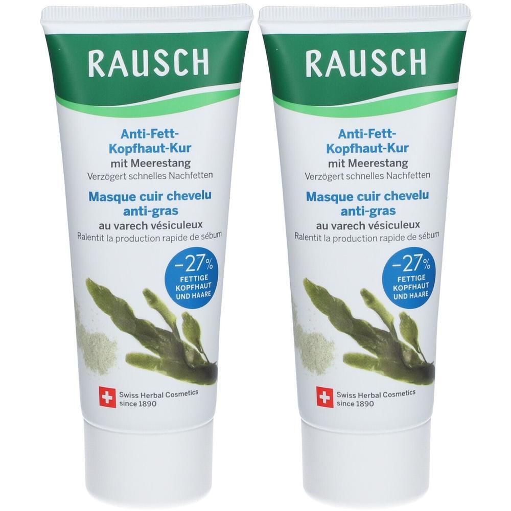 Zwei Tuben RAUSCH Anti-Fett-Kopfhaut-Kur. Weiße Tuben mit grüner Schrift und Abbildungen von Algen. Schweizer Kräuterkosmetik.