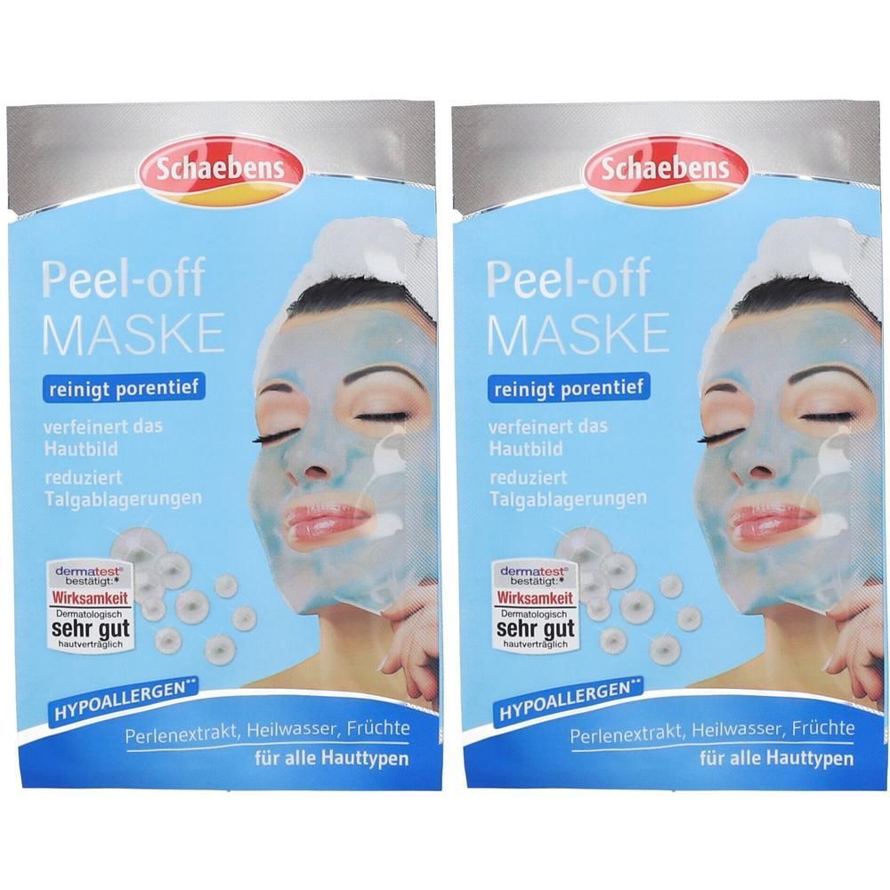 Zwei Packungen Peel-off Maske. Blaue Verpackung mit Frauengesicht. Text: Schaebens, reinigt porentief, Hypoallergen. Dermatest-Siegel.