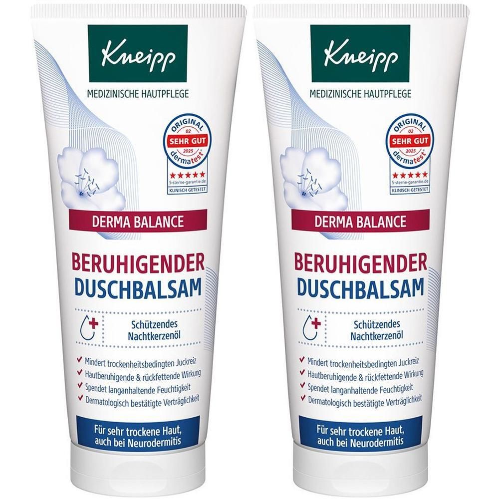 Zwei Tuben Duschbalsam. Weiß, mit blau-grüner Schrift und Logo. Produktname: Derma Balance beruhigender Duschbalsam. Mit Qualitätszeichen.