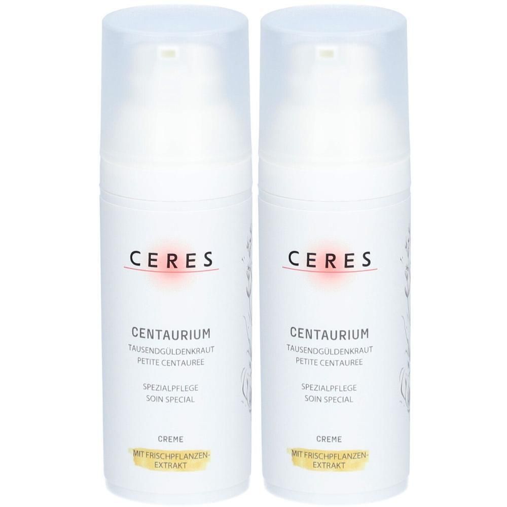 Zwei weiße Pumpflaschen mit CERES-Logo und Produktbezeichnungen. Aufschrift: CENTAURIUM, Spezialpflege, Creme.
