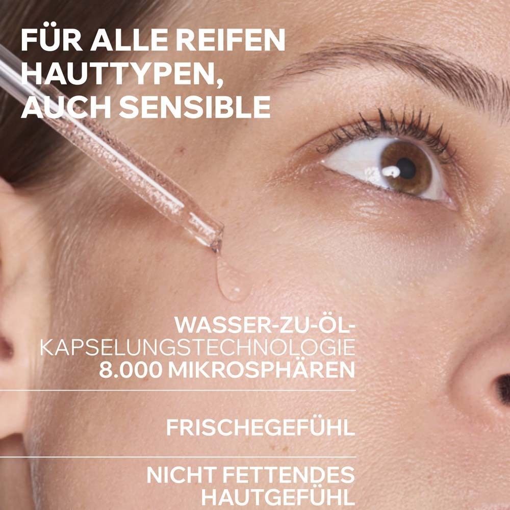 Nahaufnahme eines Gesichts mit einer Pipette, die Serum abgibt. Text: Wasser-zu-Öl-Kapselungstechnologie, 8.000 Mikrosphären.