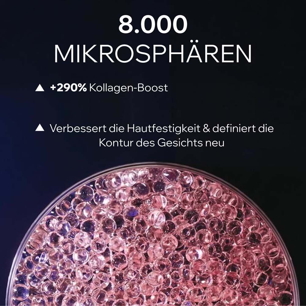Rosa Kugeln in einem Behälter. Text: 8.000 Mikrosphären. +290% Kollagen-Boost. Verbessert die Hautfestigkeit.