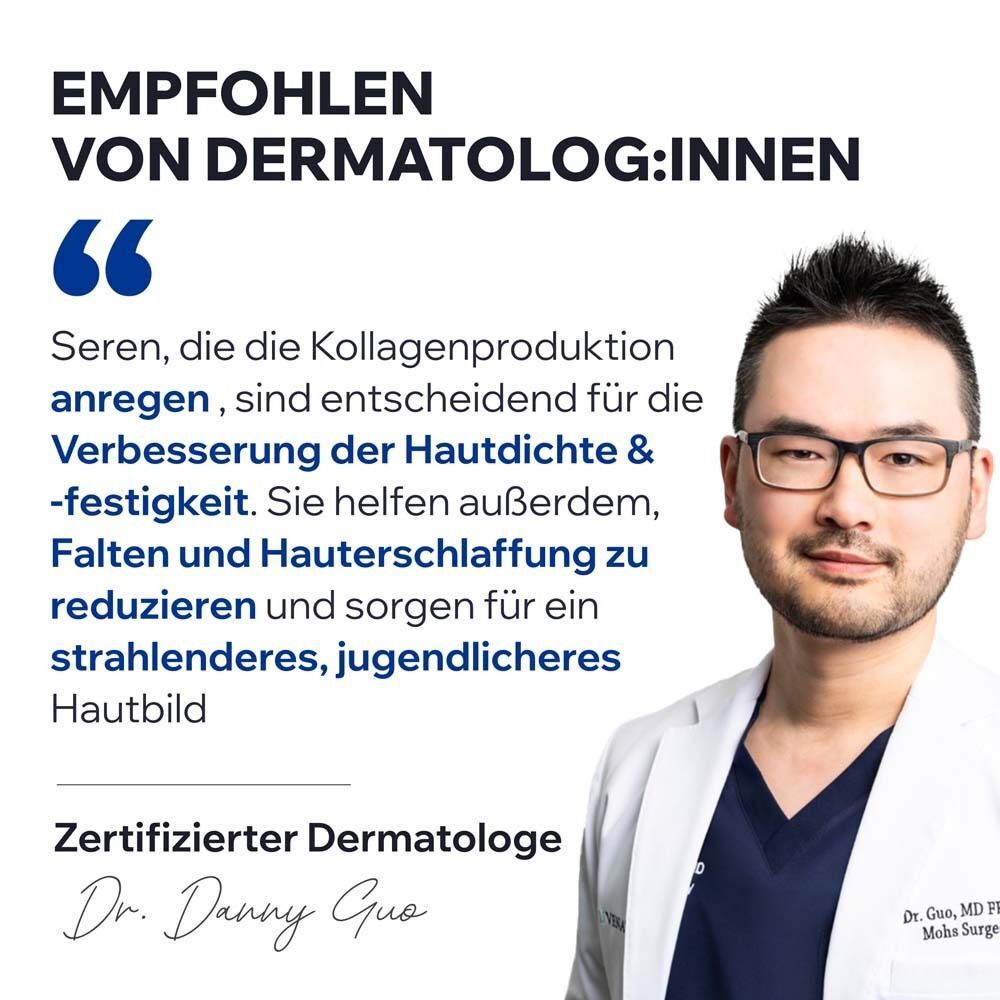Ein Mann mit Brille und weißem Kittel. Text: Empfohlen von Dermatologen. Zitat über die Wirkung von Seren. Zertifizierter Dermatologe.