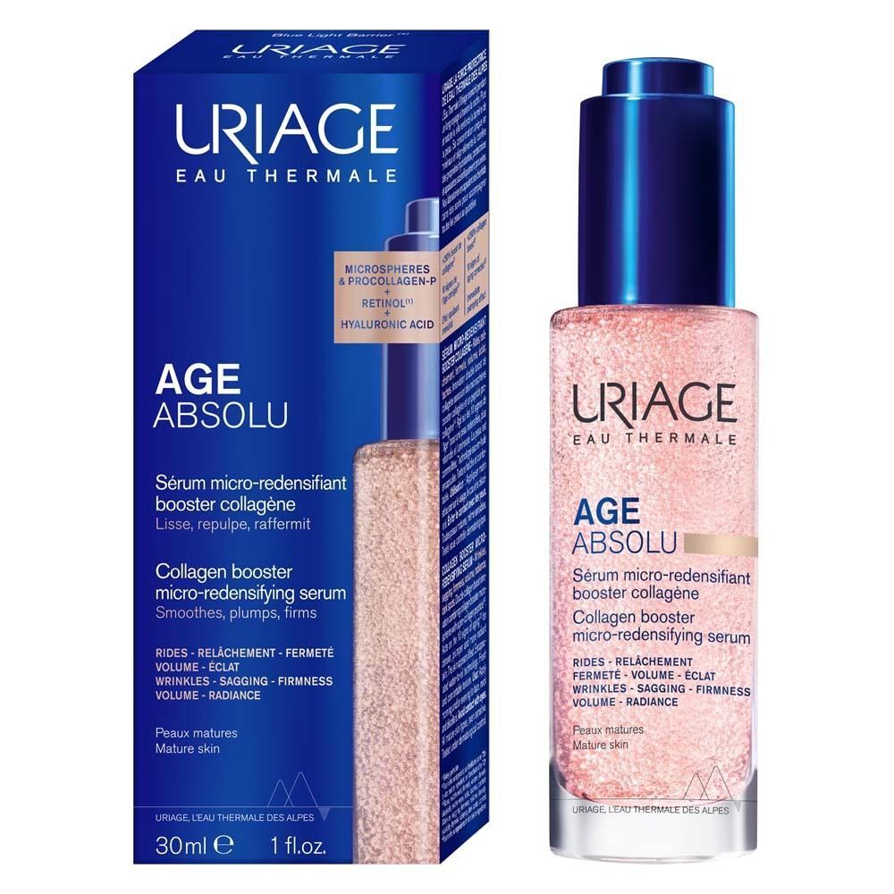 Eine Serumflasche und eine Verpackung. Text: Age Absolu, Serum micro-redensifiant booster collagène. 30ml.
