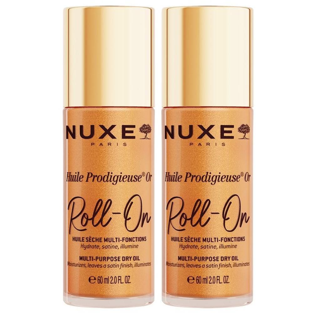 Zwei goldfarbene Roll-on-Flaschen. Aufschrift: NUXE Paris, Huile Prodigieuse Or Roll-on. Multi-Funktionen. 60 ml.