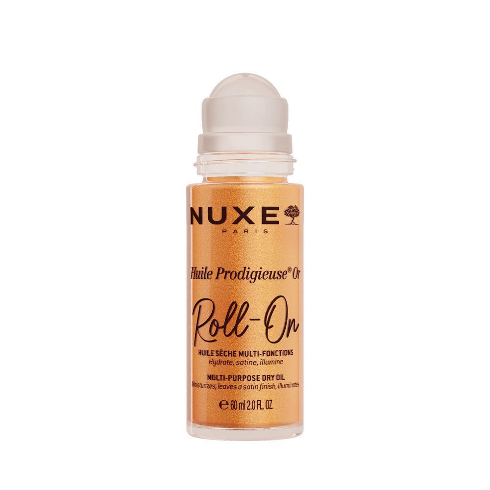 Goldfarbene Roll-on-Flasche. Aufschrift: NUXE Paris, Huile Prodigieuse Or Roll-on. Multi-Funktionen. 60 ml.