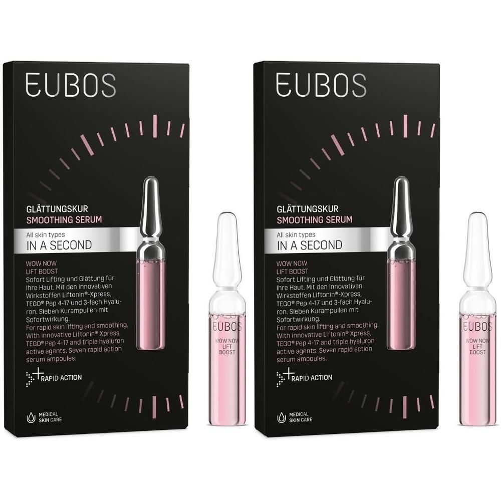 Zwei Packungen EUBOS® IN A SECOND Wow Now Lift Boost. Schwarze Verpackung mit Ampulle und Produktinformationen.