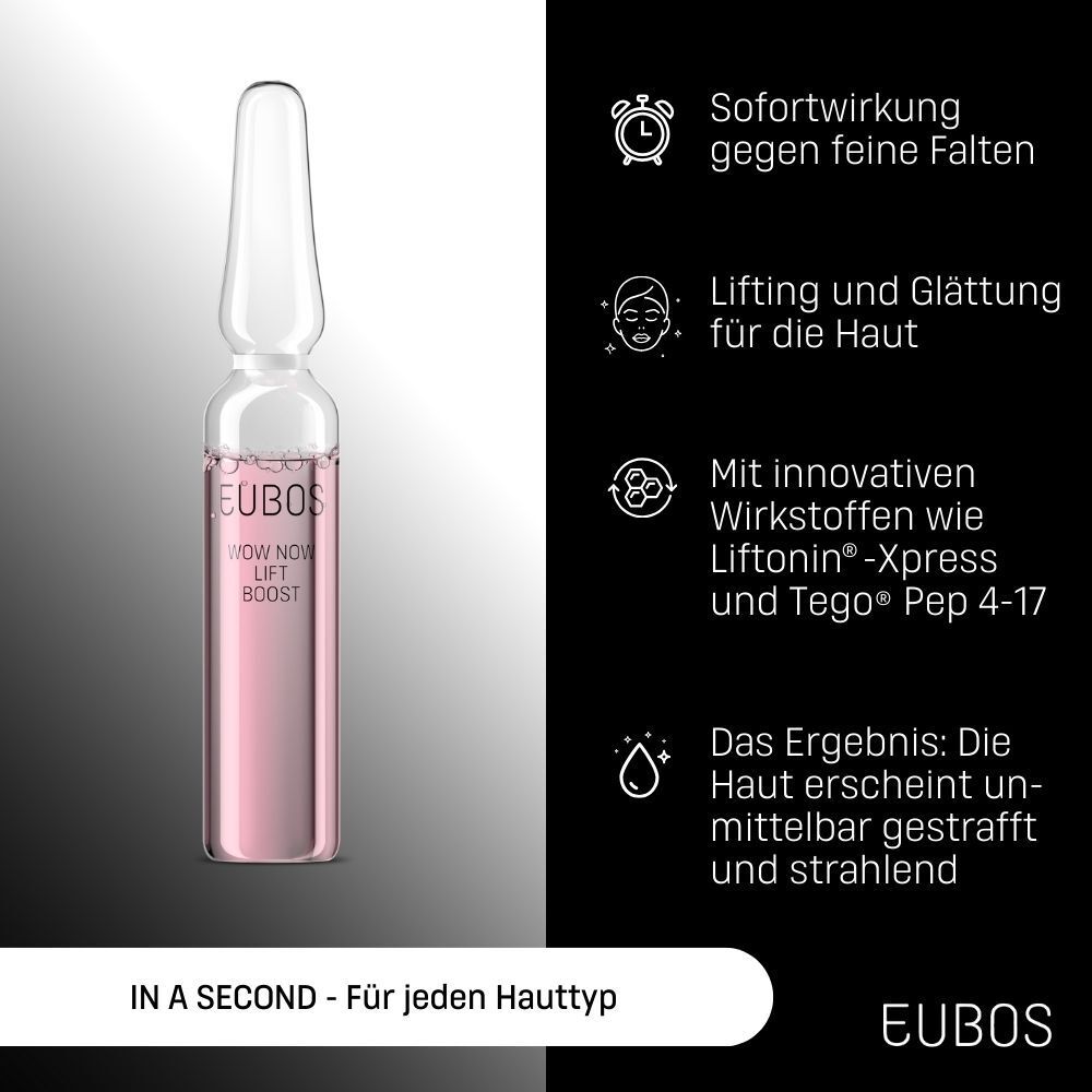 Ampulle EUBOS® IN A SECOND Wow Now Lift Boost. Rosa Flüssigkeit in einer Glasampulle. Text: IN A SECOND - Für jeden Hauttyp.