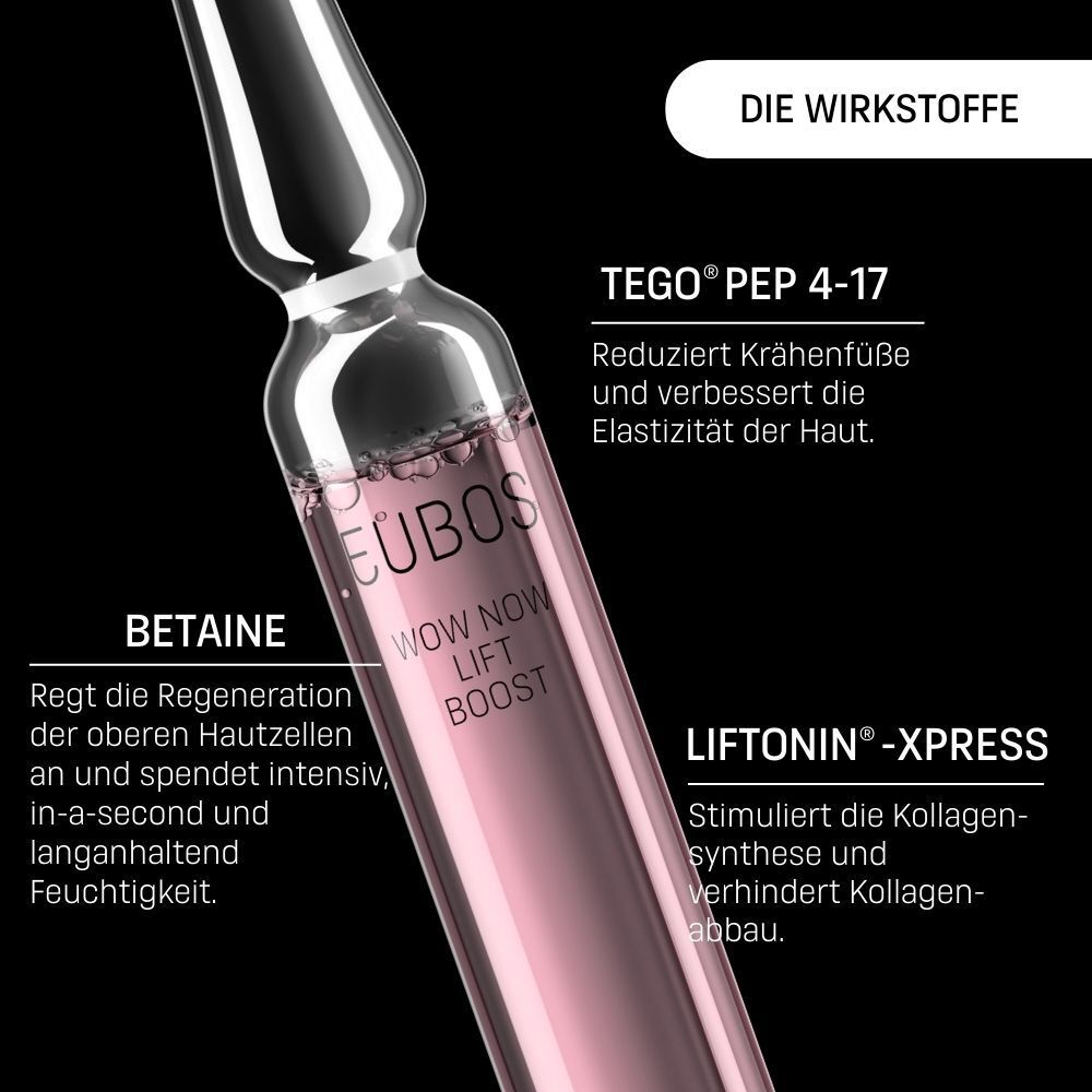 Nahaufnahme einer Ampulle EUBOS® IN A SECOND Wow Now Lift Boost. Beschriftung: Betain, Tego® Pep 4-17, Liftonin®-Xpress.