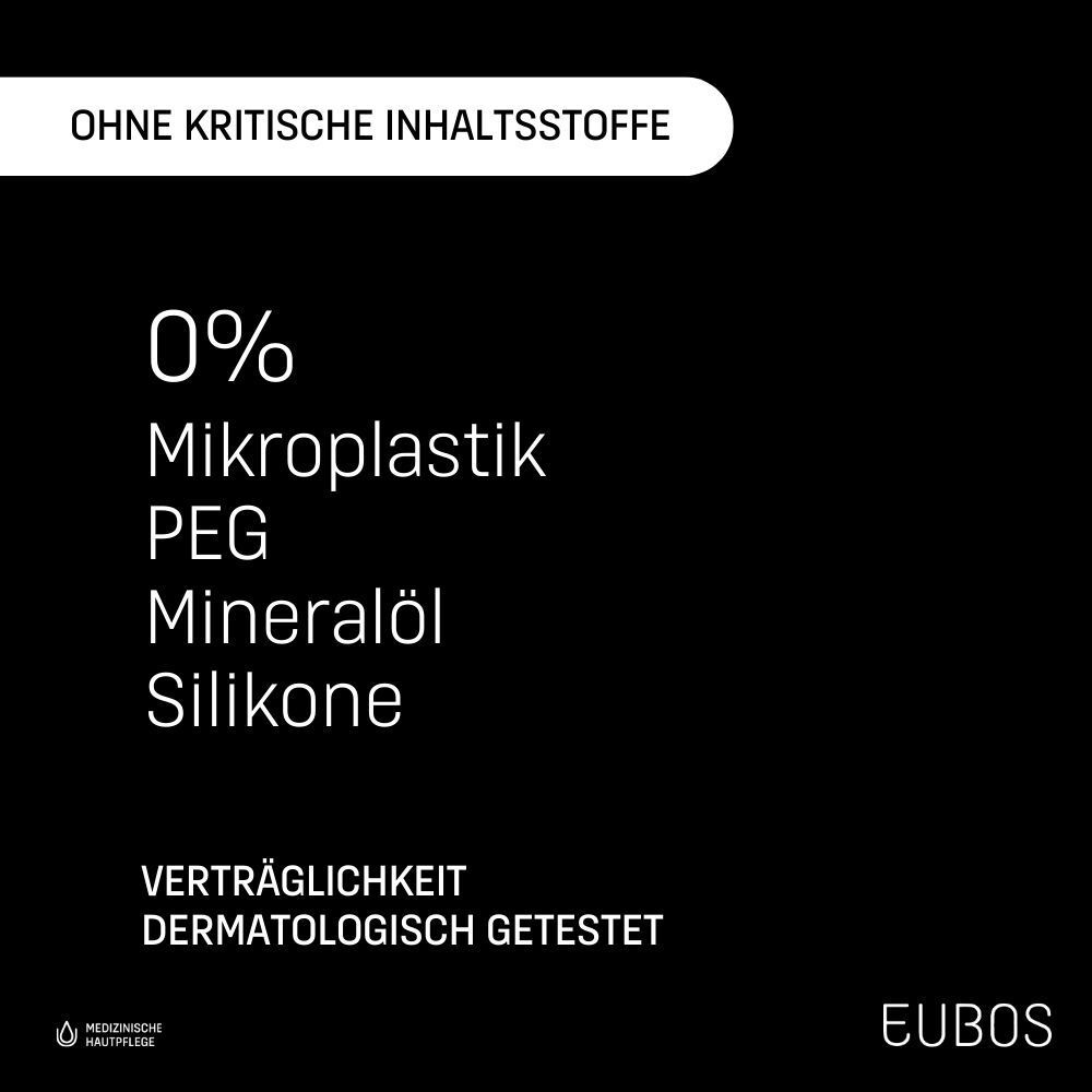 Text auf schwarzem Hintergrund: 0% Mikroplastik, PEG, Mineralöl, Silikone. Dermatologisch getestet.