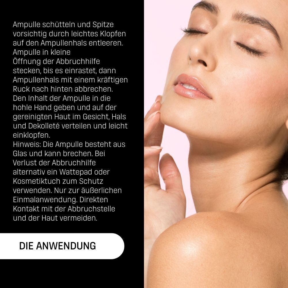 Anwendungshinweise für die Ampulle. Text und eine Frau, die sich das Produkt aufträgt.