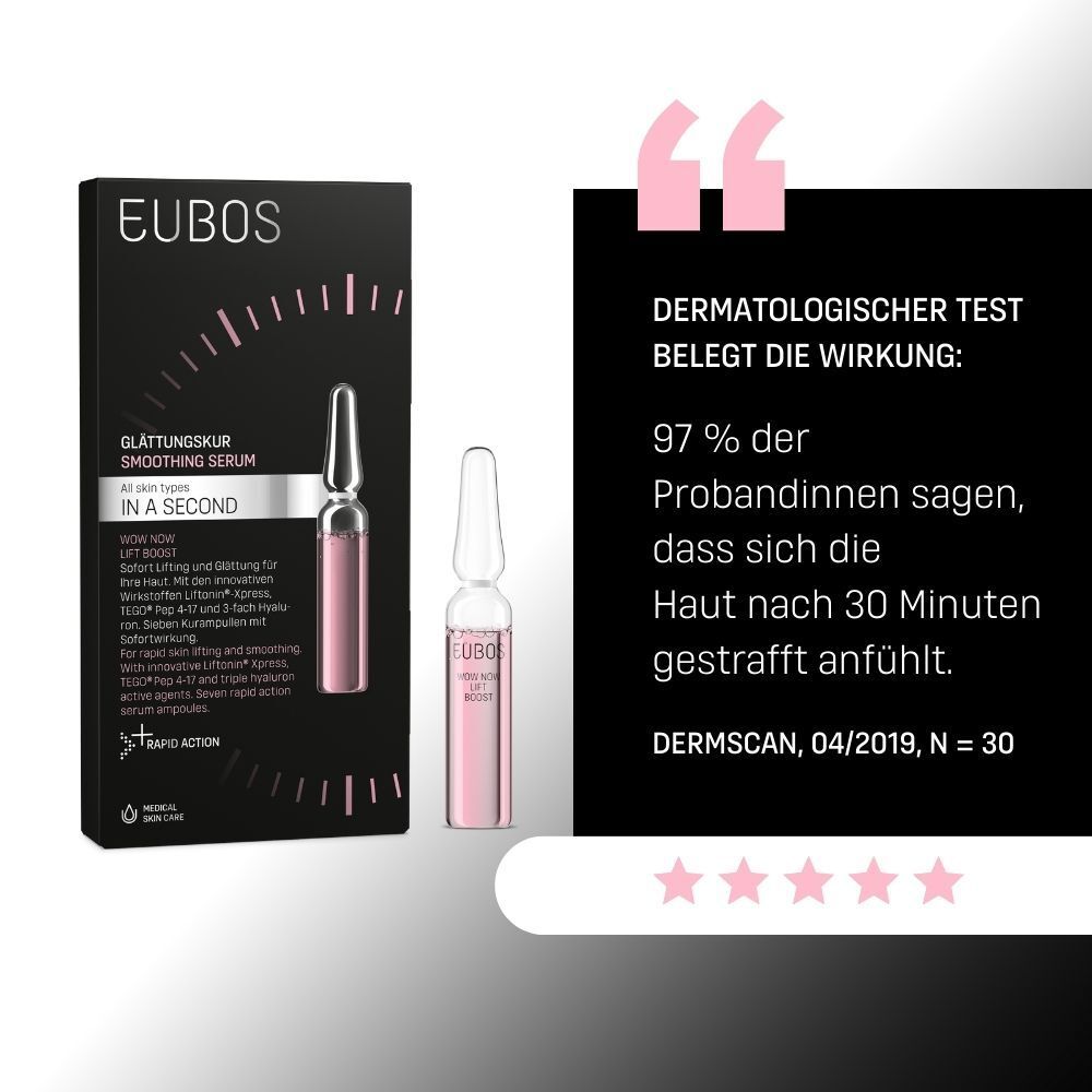 Packung EUBOS® IN A SECOND Wow Now Lift Boost. Text: 97% der Probandinnen sagen, dass sich die Haut nach 30 Minuten gestrafft anfühlt.