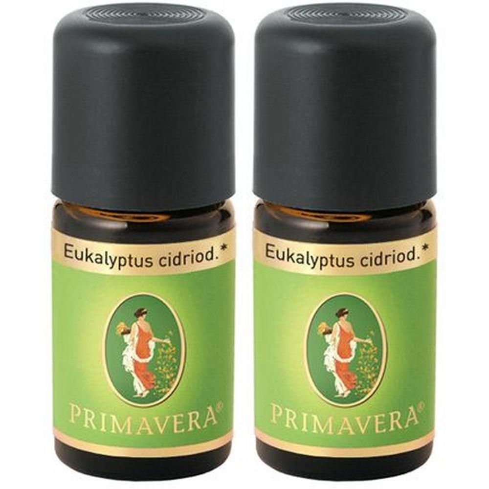 Zwei kleine Glasflaschen mit schwarzem Deckel. Aufschrift: Eukalyptus cidriod. und Primavera.