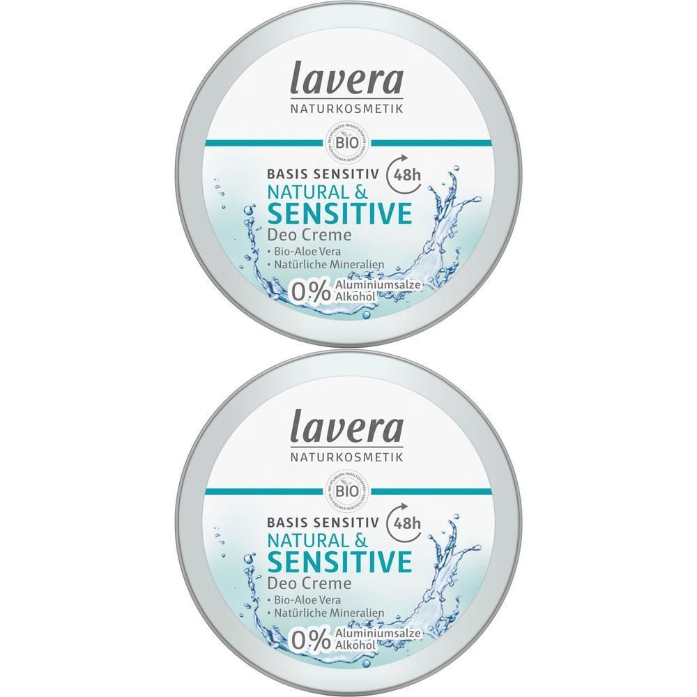 Zwei runde Behälter mit Deckel. Aufschrift: lavera NATURKOSMETIK, BASIS SENSITIV, NATURAL & SENSITIVE Deo Creme, Bio-Aloe Vera, natürliche Mineralien, 0% Aluminiumsalze.