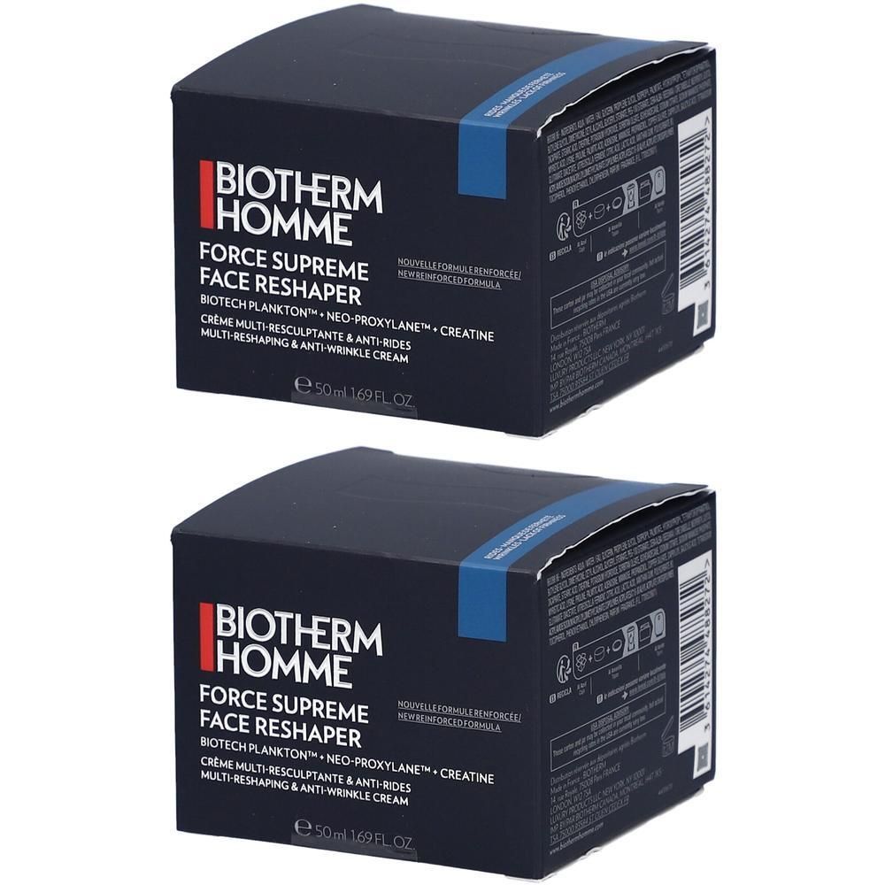 Zwei quadratische Schachteln mit Produktinformationen. Aufschrift: Biotherm Homme Force Supreme Face Reshaper. Blaue und rote Akzente.