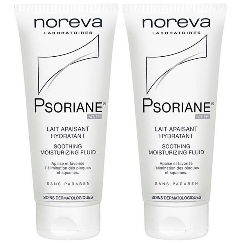 Zwei weiße Tuben mit Produktbeschriftung. Oben steht "noreva Laboratoires". Darunter "Psoriane" und weitere Produktinformationen.