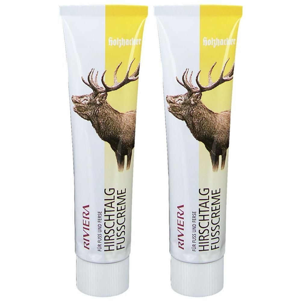 Zwei Tuben Fußcreme. Weiß, mit gelbem Streifen und Hirsch-Illustration. Schriftzug: RIVIERA Hirschtalg Fußcreme.