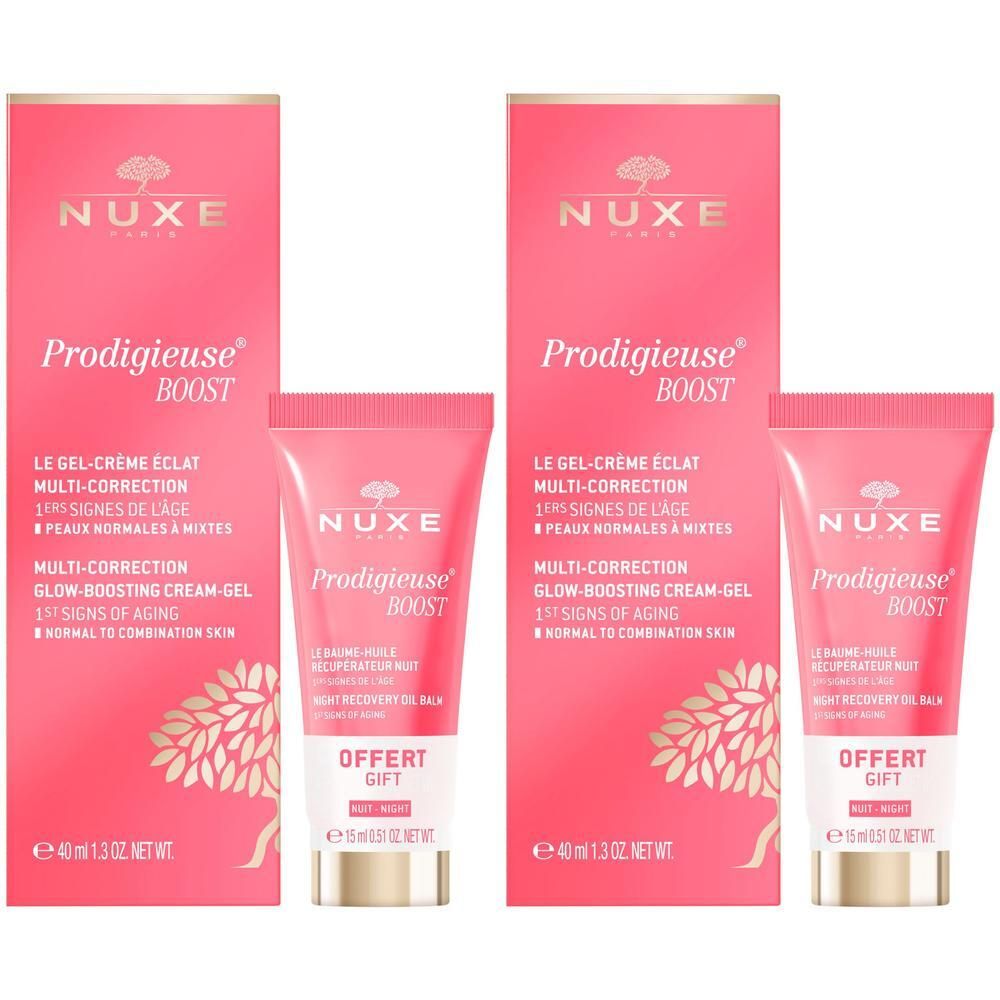 Zwei Produktverpackungen. Rosa Kartons mit Tuben. Text: NUXE, Prodigieuse Boost, Multi-Correction, Glow-Boosting Cream-Gel. Geschenk-Hinweis.