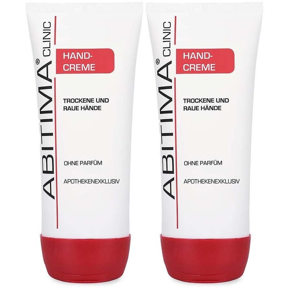 Zwei Tuben Handcreme mit roter Kappe. Aufschrift: ABITIMA CLINIC, HAND-CREME, für trockene und raue Hände, ohne Parfum, Apothekenexklusiv.