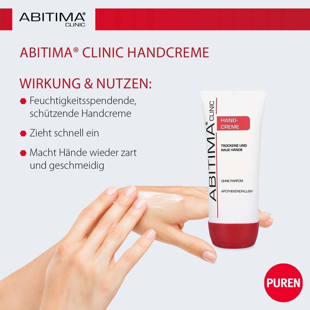 Handcreme-Tube neben einer Hand, die Creme aufträgt. Text: ABITIMA CLINIC HANDCREME, Wirkung & Nutzen: feuchtigkeitsspendend, schützend, zieht schnell ein, macht Hände zart.