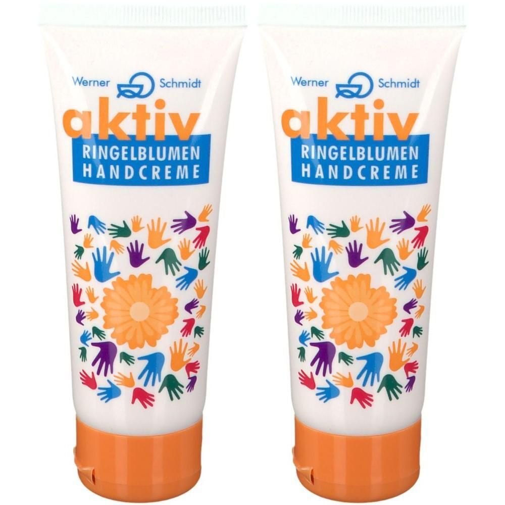 Zwei Tuben Handcreme. Weiß, mit orangefarbenem Verschluss. Aufschrift: aktiv Ringelblumen Handcreme. Bunte Handabdrücke und Blume.