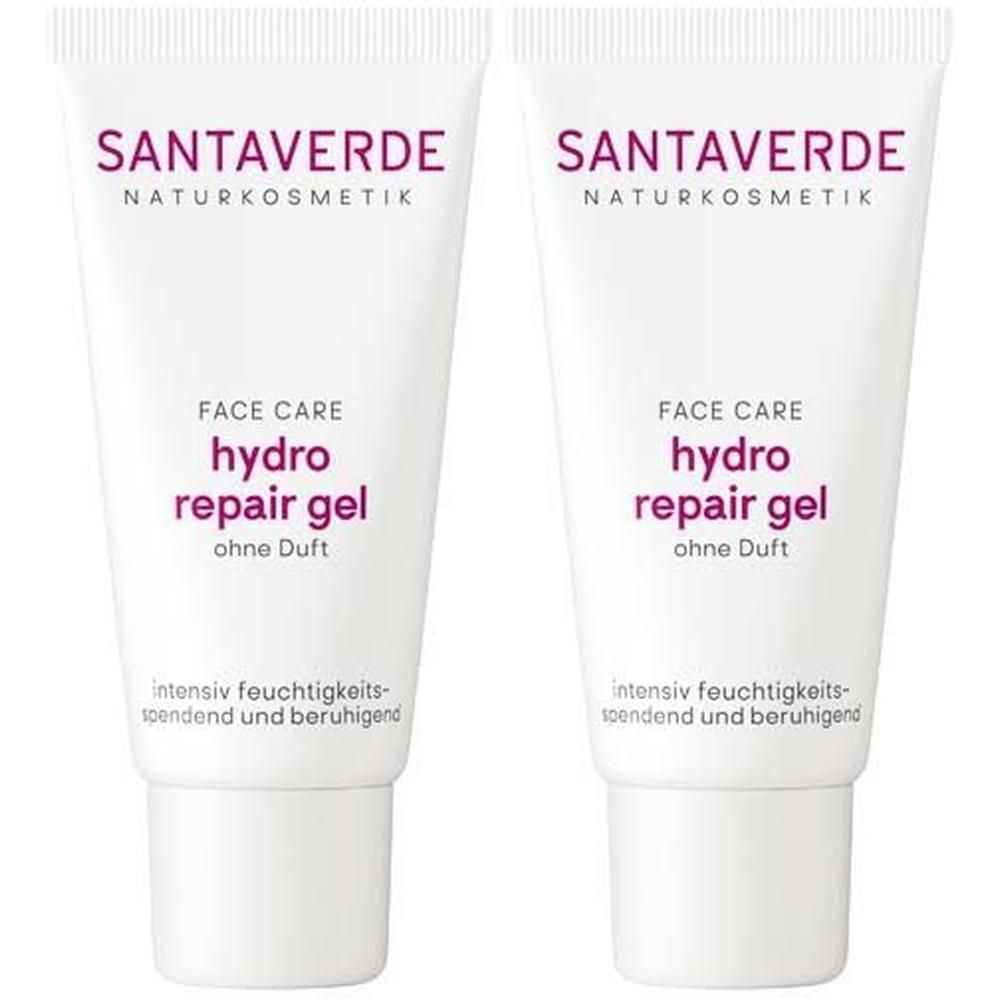 Zwei Tuben SANTAVERDE hydro repair gel ohne Duft. Weiße Tuben mit lila Schrift. Produktname und weitere Informationen.