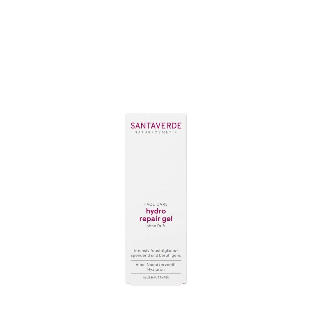 SANTAVERDE hydro repair gel ohne Duft. Produktverpackung. Weiße Schachtel mit lila Schrift. Produktname und Informationen.