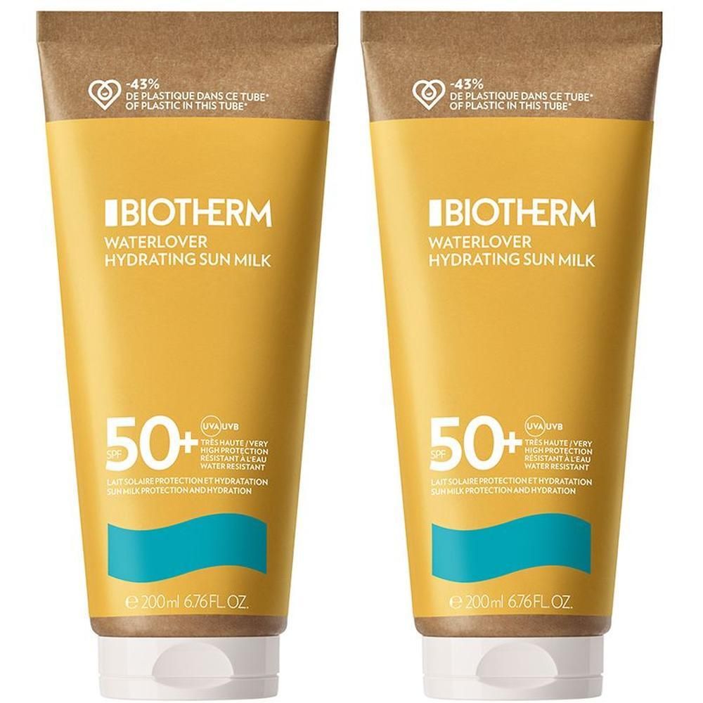 Zwei Tuben Sonnenmilch. Gelbe Verpackung mit braunem Deckel. Aufschrift: BIOTHERM Waterlover Hydrating Sun Milk, LSF 50+.