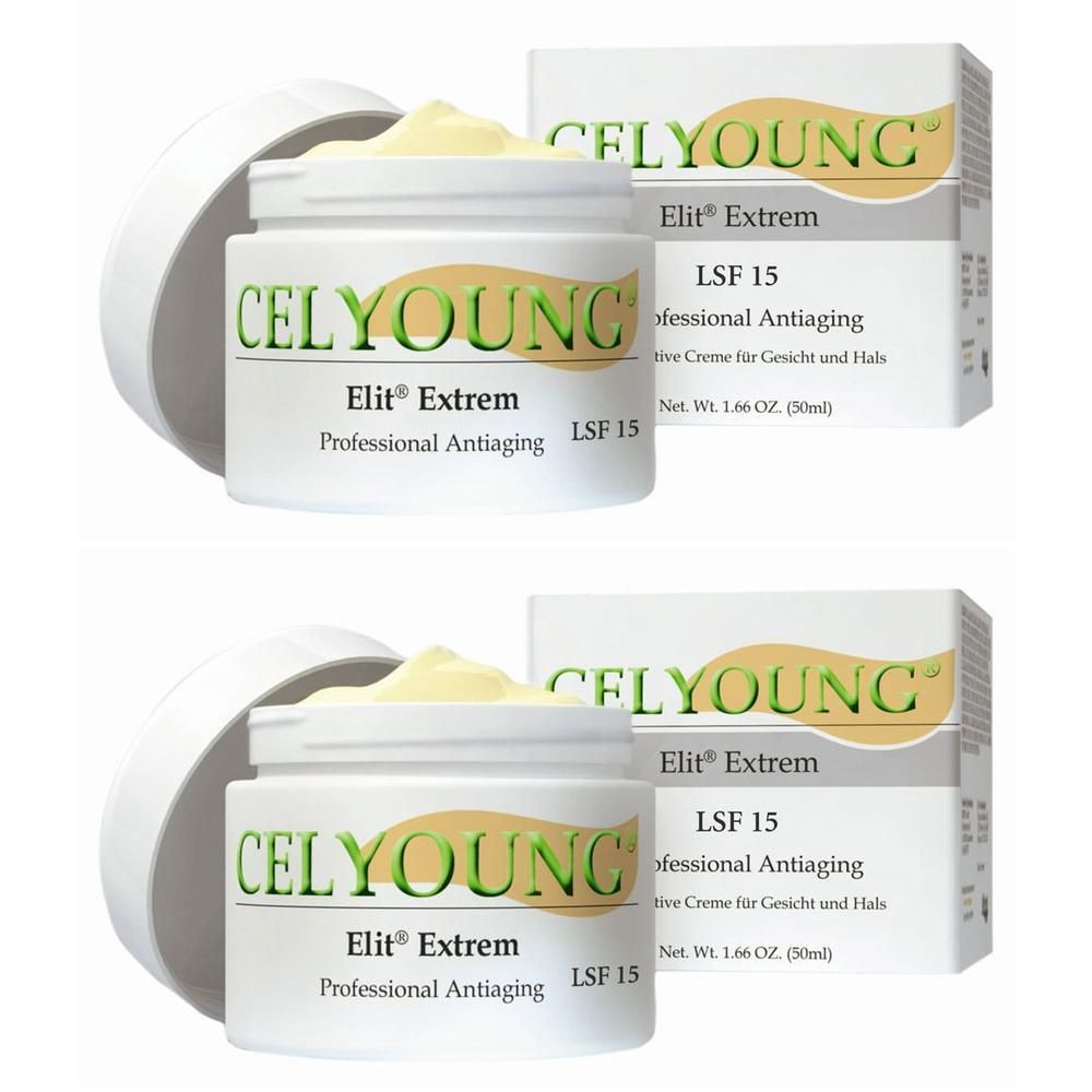 Zwei Cremetiegel mit Deckel und Karton. Aufschrift: CELYOUNG Elit Extrem LSF 15 Professional Antiaging.