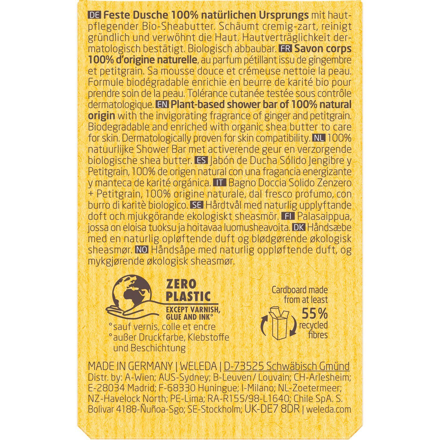 Rückseite der gelben Verpackung. Text in mehreren Sprachen. Mit Logo "ZERO PLASTIC". Karton aus mindestens 55% recycelten Fasern.