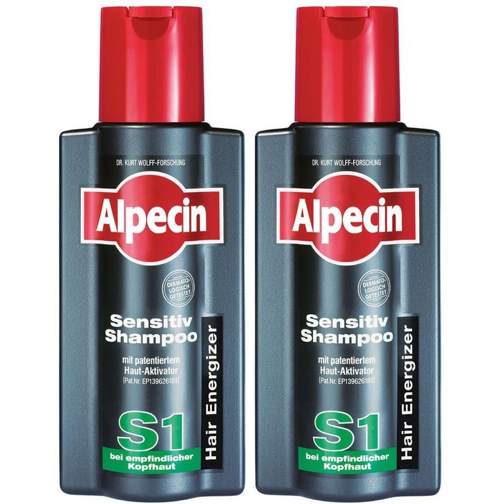 Zwei graue Shampoo-Flaschen mit rotem Deckel. Aufschrift: Alpecin Sensitiv Shampoo S1. Mit Hair Energizer. Für empfindliche Kopfhaut.