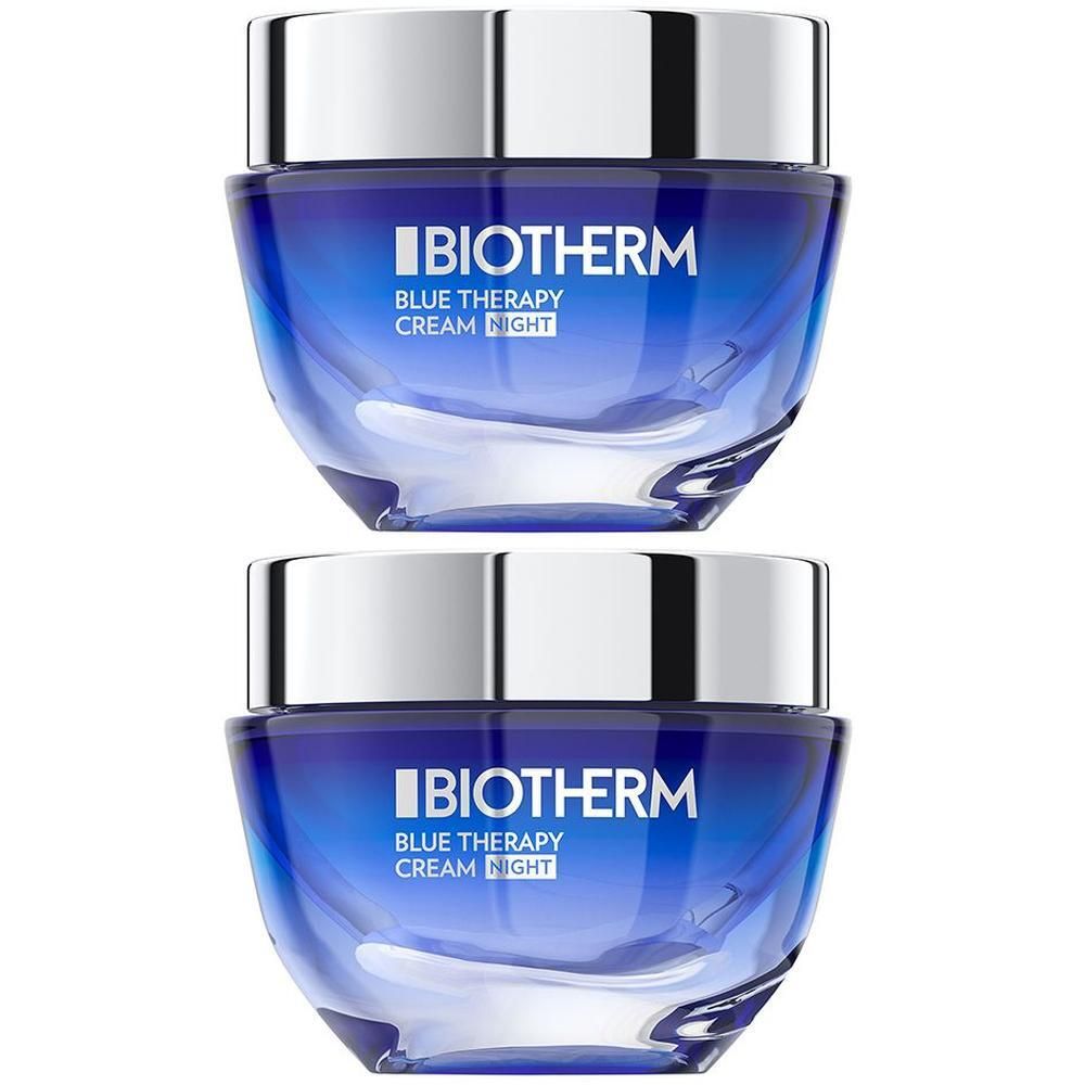 Zwei blaue Tiegel mit silbernen Deckeln. Aufschrift: BIOTHERM BLUE THERAPY CREAM NIGHT.
