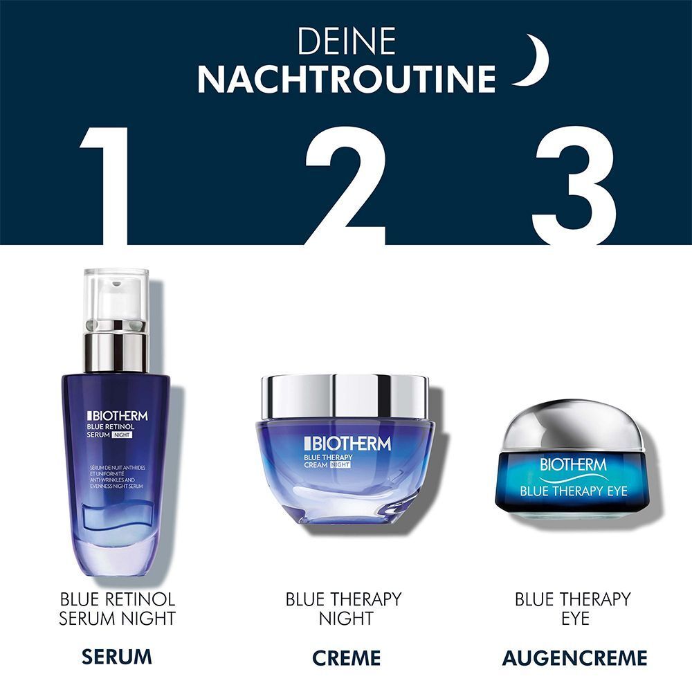 Drei Produkte. Links: Serum. Mitte: Creme. Rechts: Augencreme. Alle blau.