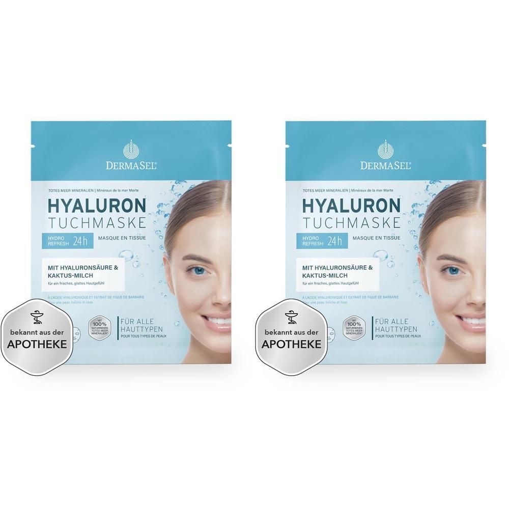 Zwei Packungen Hyaluron Tuchmaske. Blaue Verpackung mit Produktnamen und Gesicht einer Frau. Bekannt aus der Apotheke.