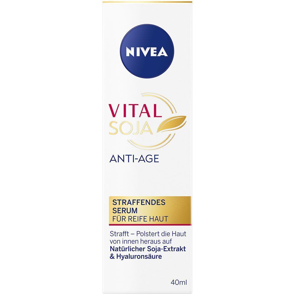Verpackung von NIVEA VITAL Anti-Age Soja Serum. Weißer Karton mit blauem Logo und Produktbezeichnungen. Goldfarbener Bereich mit Text.