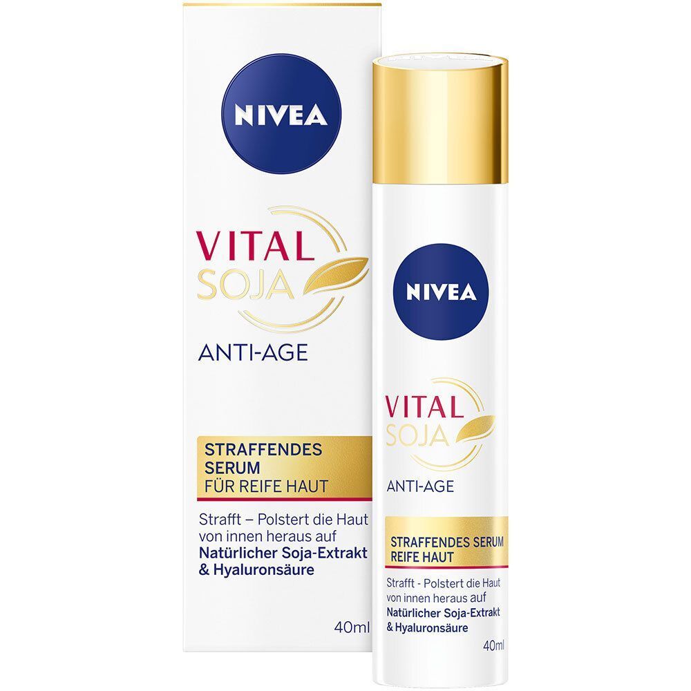 NIVEA VITAL Anti-Age Soja Serum mit Verpackung. Weiße Flasche und Karton. Goldene Deckel und Bereiche. Blaue Logo-Kreise und Text.