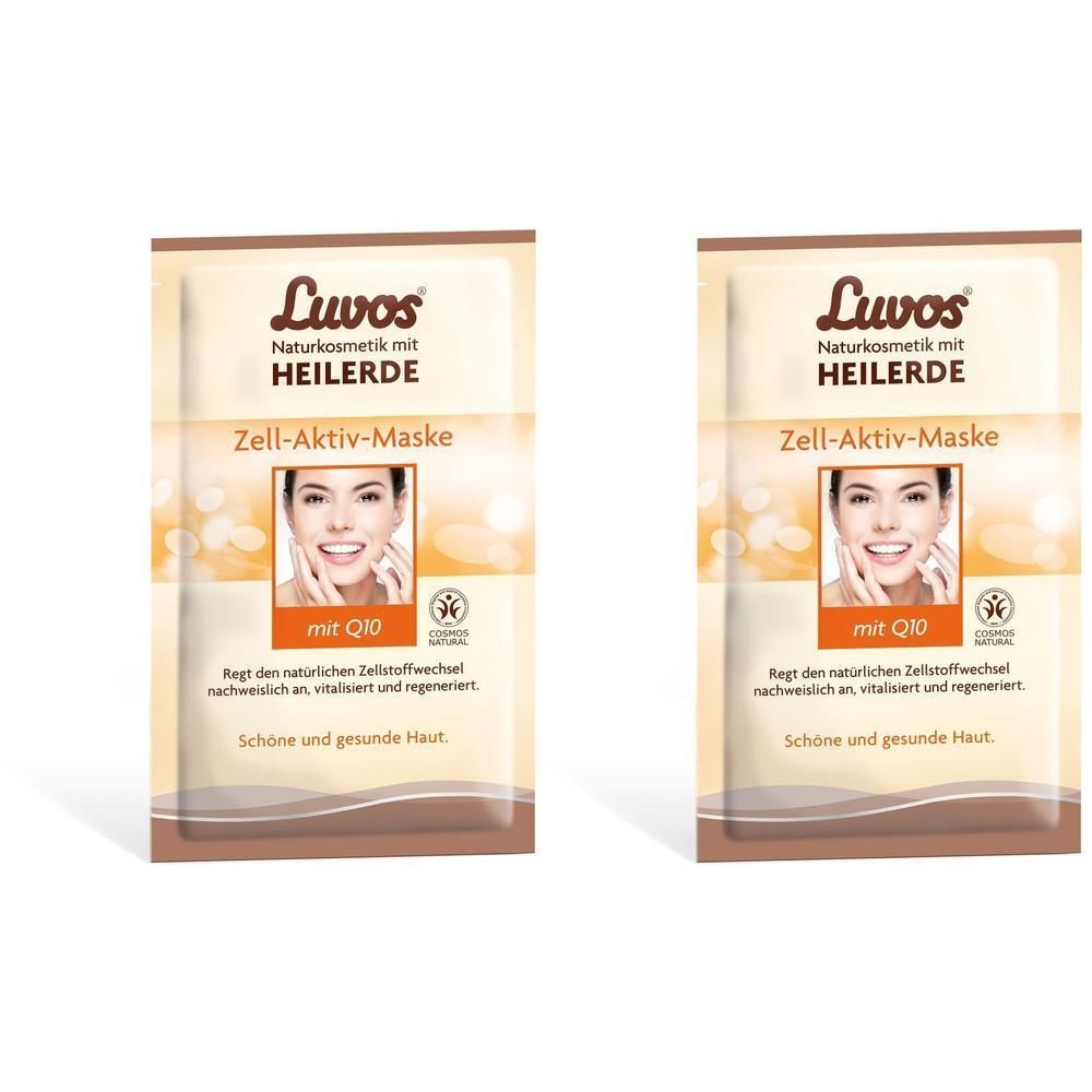 Zwei Beutel Luvos Heilerde Zell-Aktiv-Maske. Aufdruck: Logo, Produktname, Frauengesicht, Q10, Naturkosmetik, Vegan.