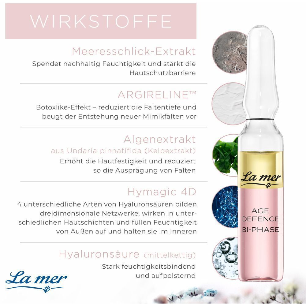 Ampulle mit zweiphasiger Flüssigkeit. Text: La mer, AGE DEFENCE BI-PHASE. Inhaltsstoffe und deren Wirkung.