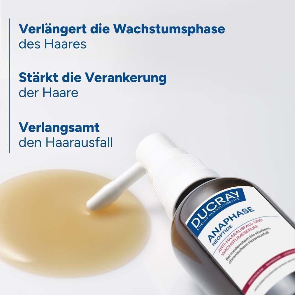 Flasche und Flüssigkeit. Text: Verlängert die Wachstumsphase des Haares. Stärkt die Verankerung der Haare. Verlangsamt den Haarausfall.