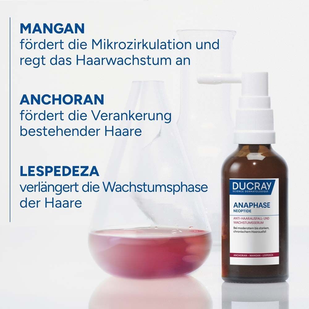 Flasche und Laborutensilien. Text: MANGAN fördert die Mikrozirkulation. ANCHORAN fördert die Verankerung. LESPEDEZA verlängert die Wachstumsphase.