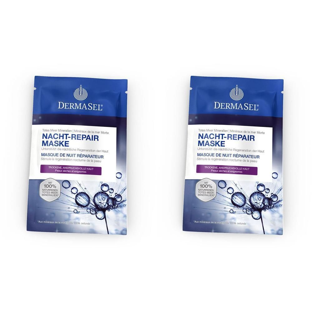 Zwei blaue Beutel mit der Aufschrift "DERMASEL NACHT-REPAIR MASKE". Text in Deutsch und Französisch. 100% Logo.