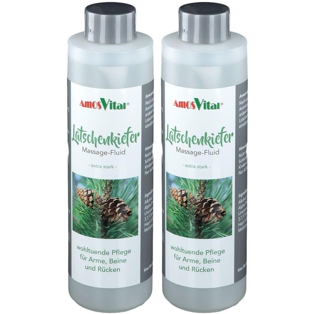 Zwei Flaschen Massage-Fluid. Aufschrift: AmosVital, Latschenkiefer Massage-Fluid, extra stark. Abbildung von Kiefernzapfen und Nadeln.