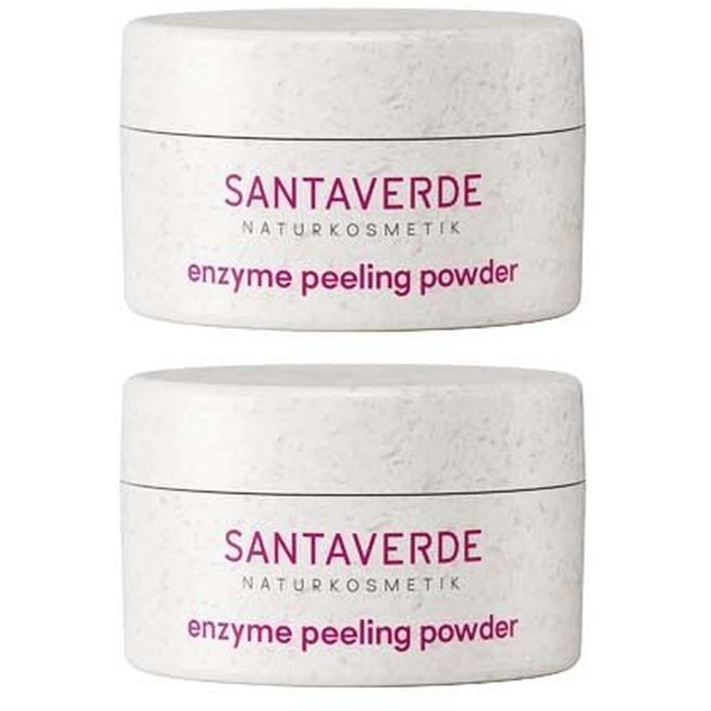 Zwei weiße Tiegel mit Deckel. Aufschrift: SANTAVERDE NATURKOSMETIK enzyme peeling powder.