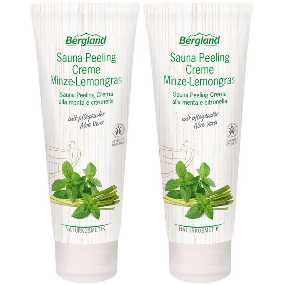 Zwei Tuben Sauna Peeling Creme. Aufschrift: Bergland, Minze-Lemongras, Aloe Vera. Naturkosmetik-Siegel. Mint- und Zitronengras-Illustration.