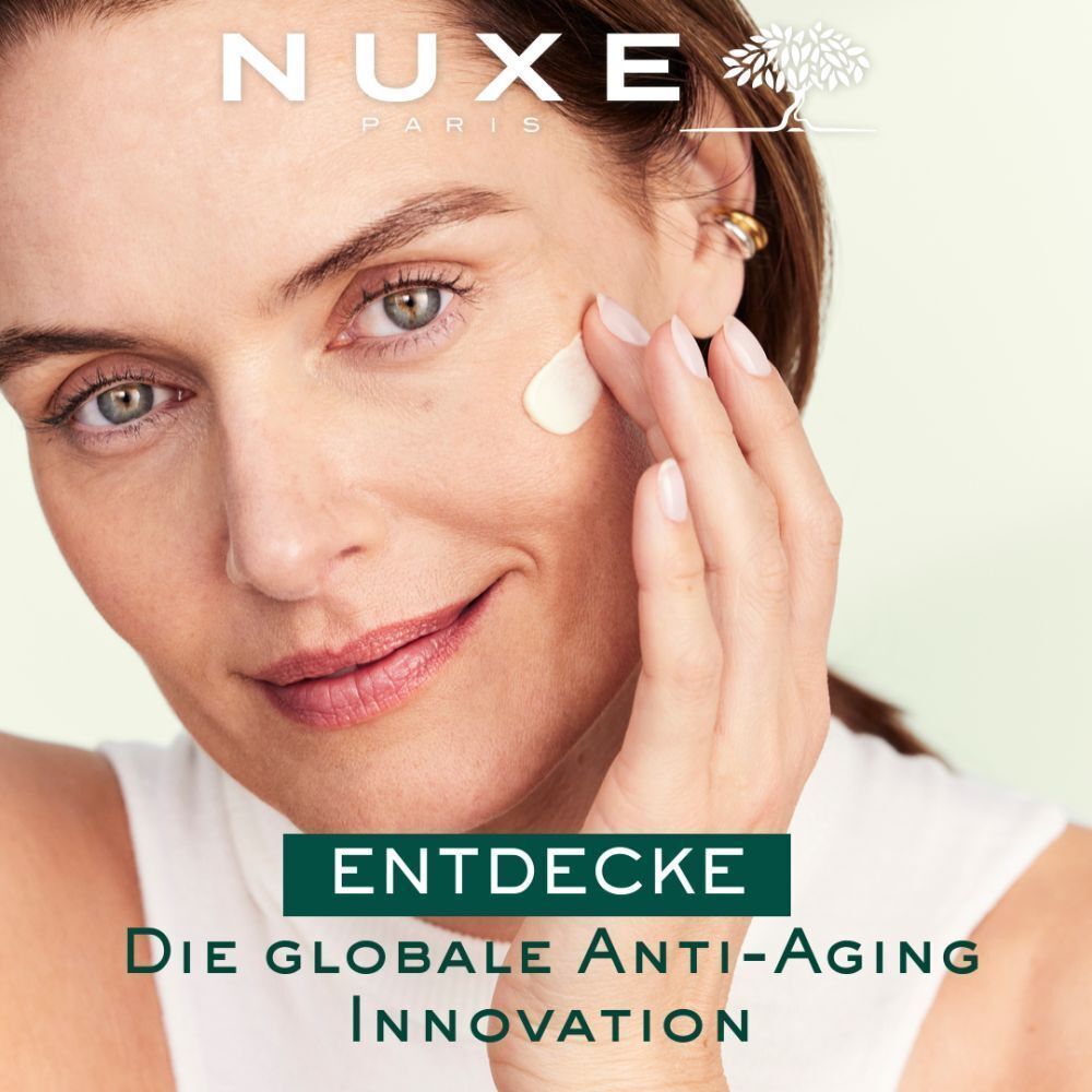 Frau trägt Serum auf. Aufschrift: Entdecke die globale Anti-Aging Innovation. NUXE Logo.